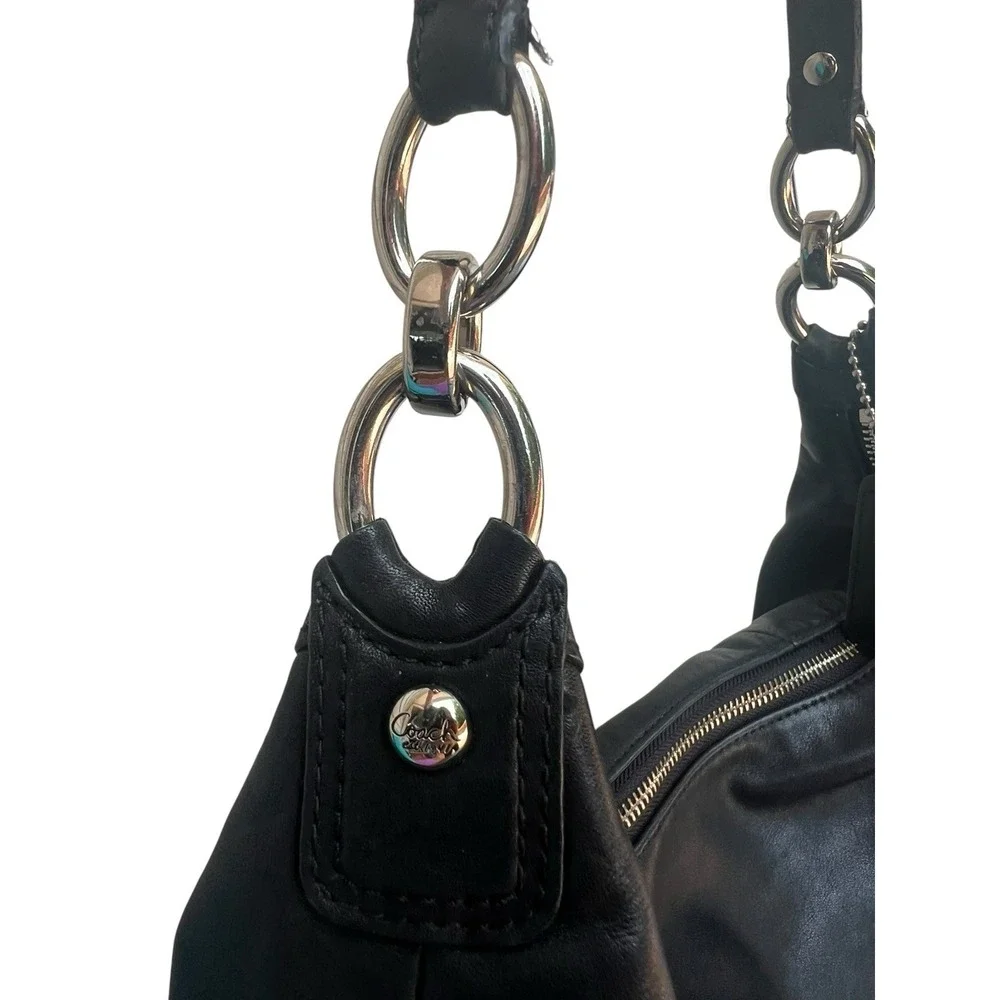 Coach F22309 Kristin Black Leather Pink Satin Liner Hobo Shoulder Bag Flip Lock
